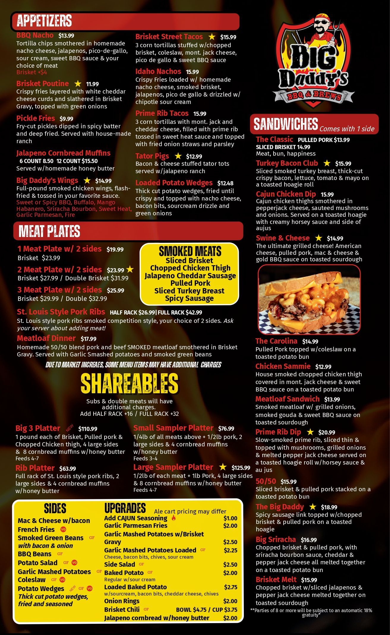 Big Daddy's Menu with bold red, black and yellow text blocks, event details, and food photos.