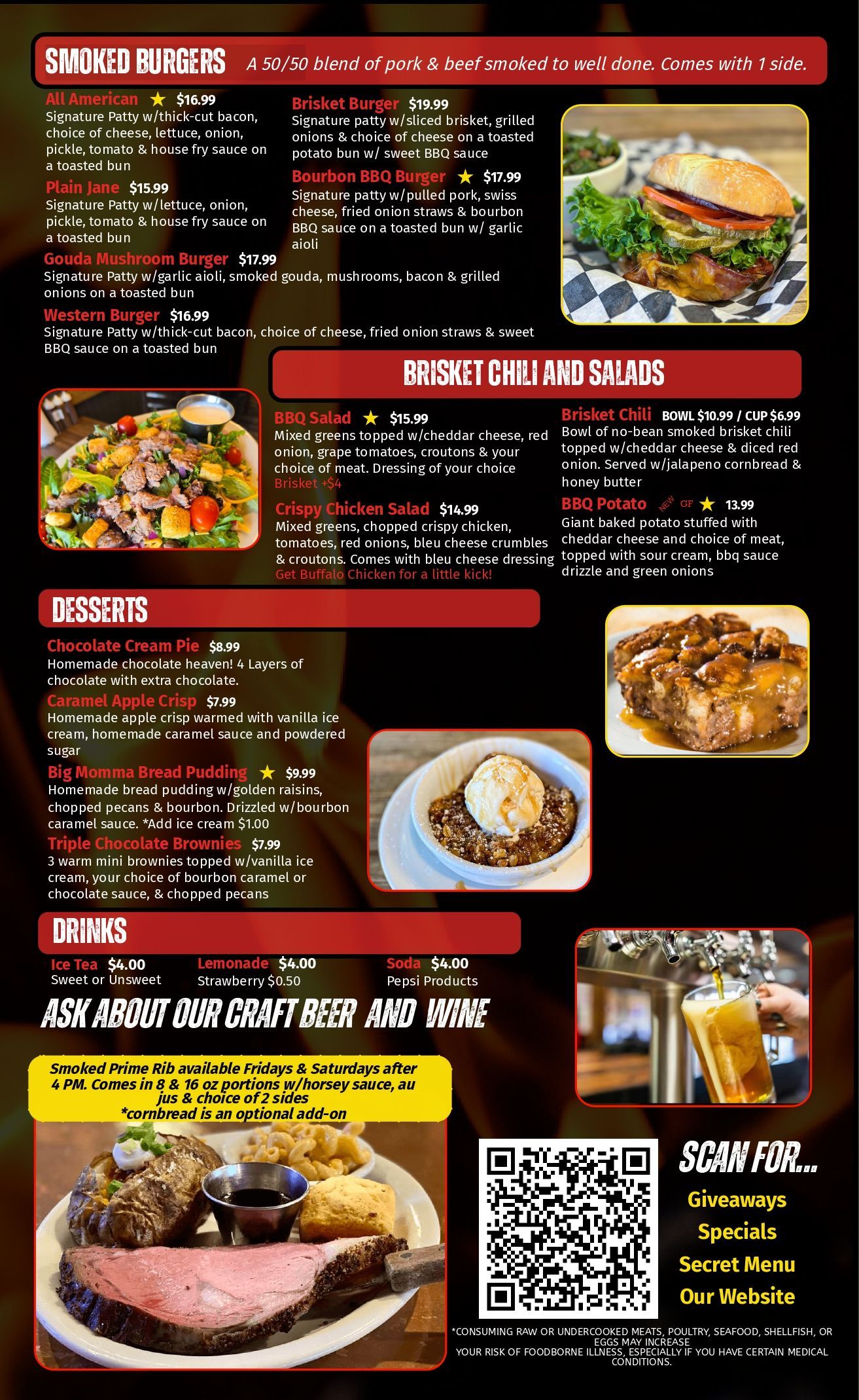 Menu flyer with food photos, red headings, black background, prices, and a QR code.