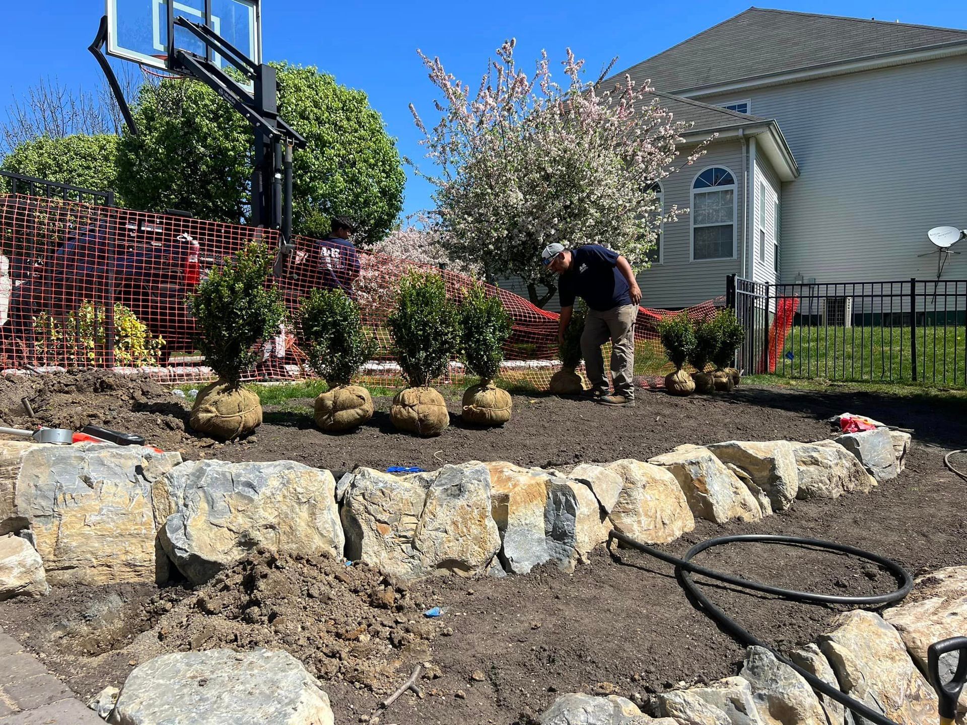 A man is planting trees in a garden in front of a basketball hoop.