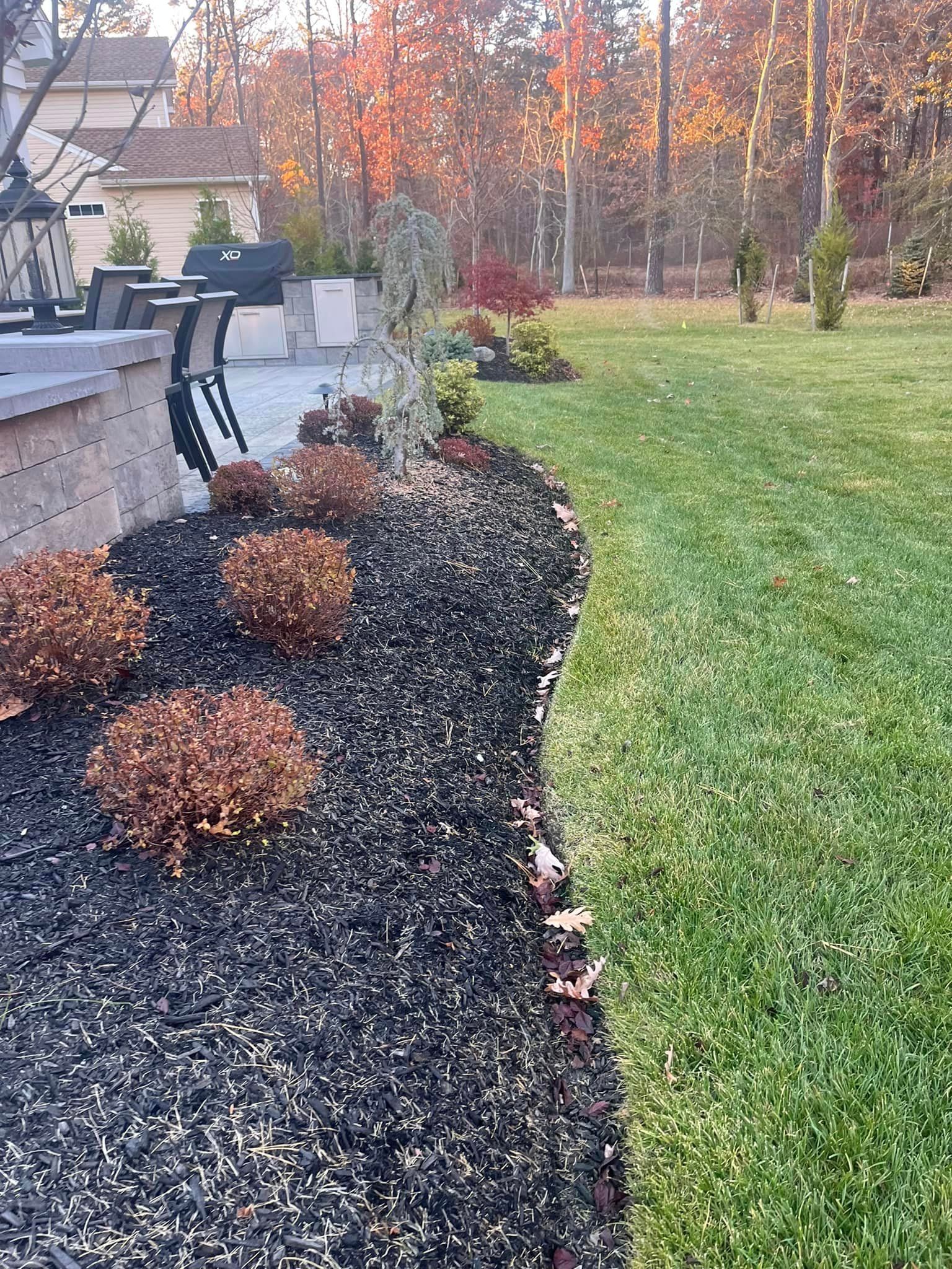 A lush green lawn with a bench in the middle of it.