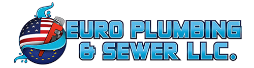 Logo for Euro Plumbing & Sewer LLC featuring a globe with an American flag and a plumbing wrench.