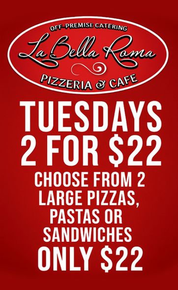 Tuesdays 2 for $22 banner.