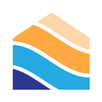 Abstract logo with layered orange, blue, and navy wavy bands on a white background