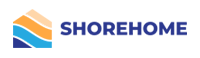 Shorehome logo with blue text and a stylized orange and blue house wave icon