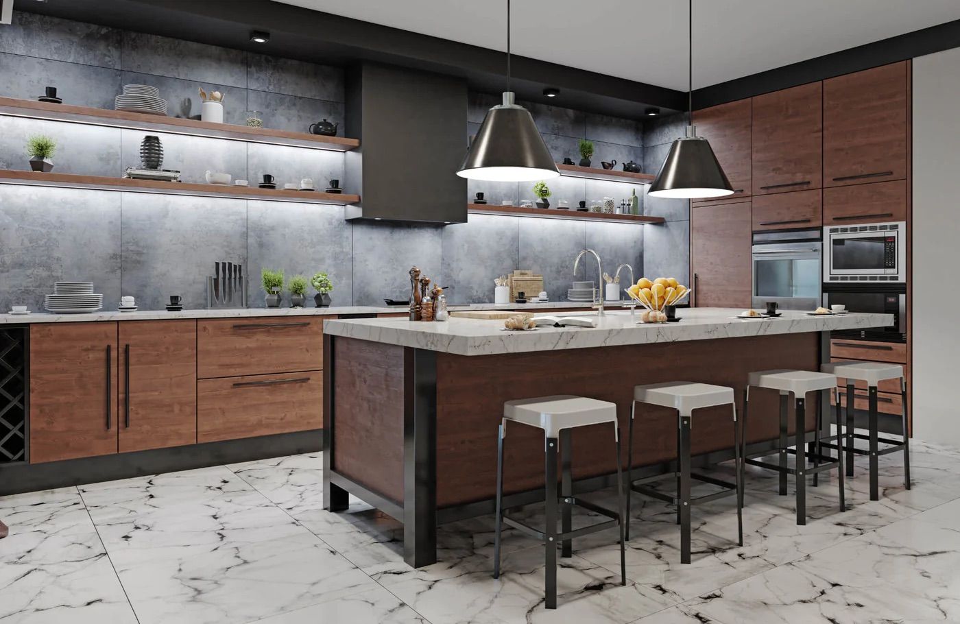 Modern kitchen with island, pendant lights, bar stools, wood cabinets, and brick accent wall