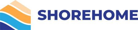 Shorehome logo with blue text and layered wave shapes in orange, blue, and beige.