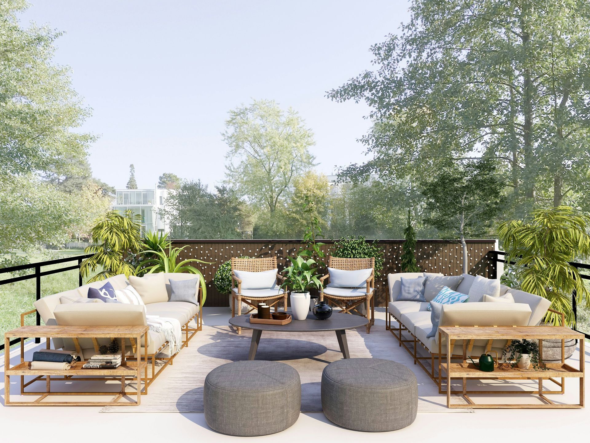 Sunset view of a screened patio with lounge chairs beside a swimming pool and palm trees