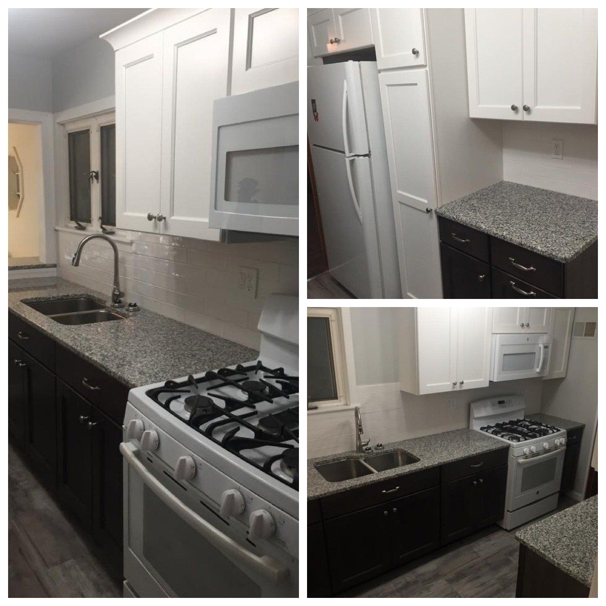 A kitchen with granite counter tops and white cabinets