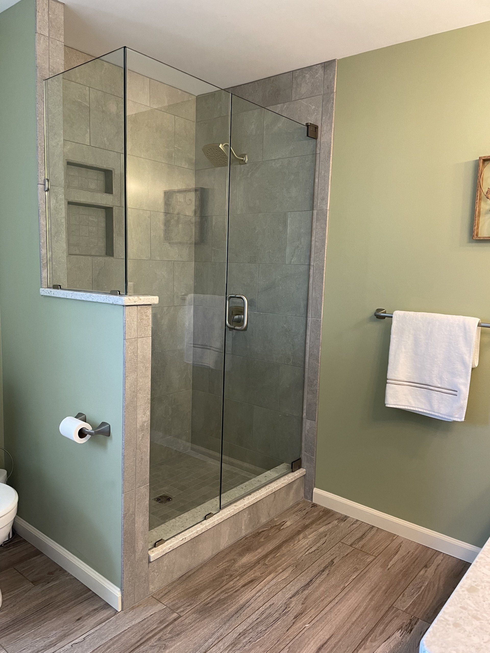 A bathroom with a walk in shower and a toilet.