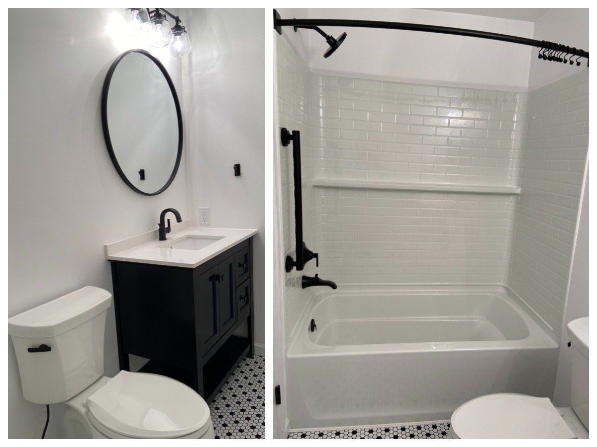 A bathroom with a toilet , sink and bathtub.