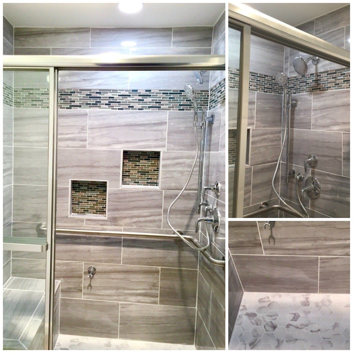 A bathroom with a walk in shower and a sliding glass door.