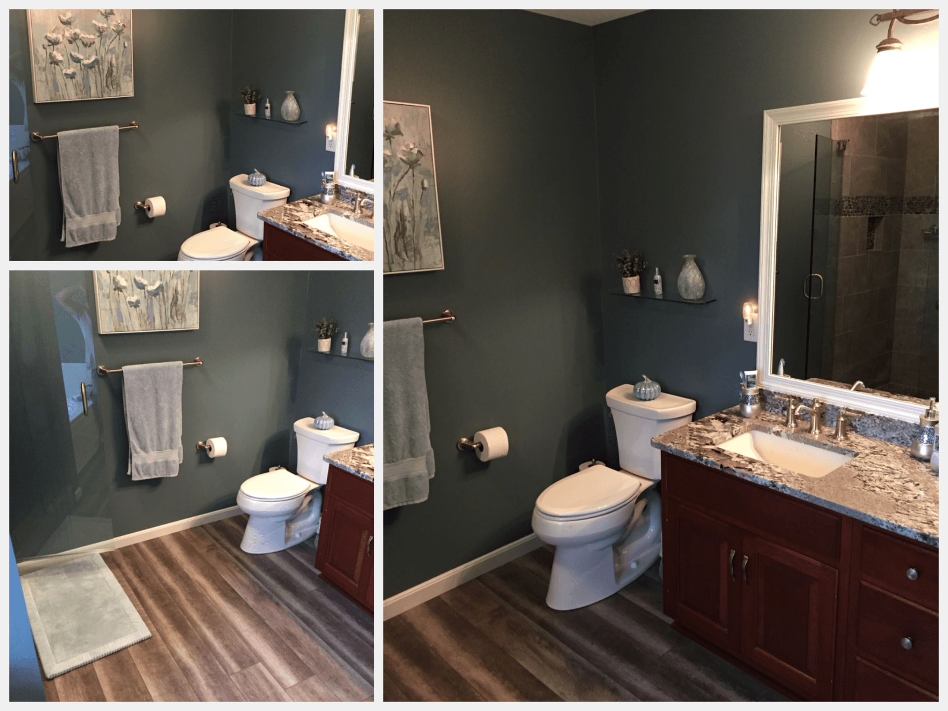 A bathroom with a toilet , sink and mirror.