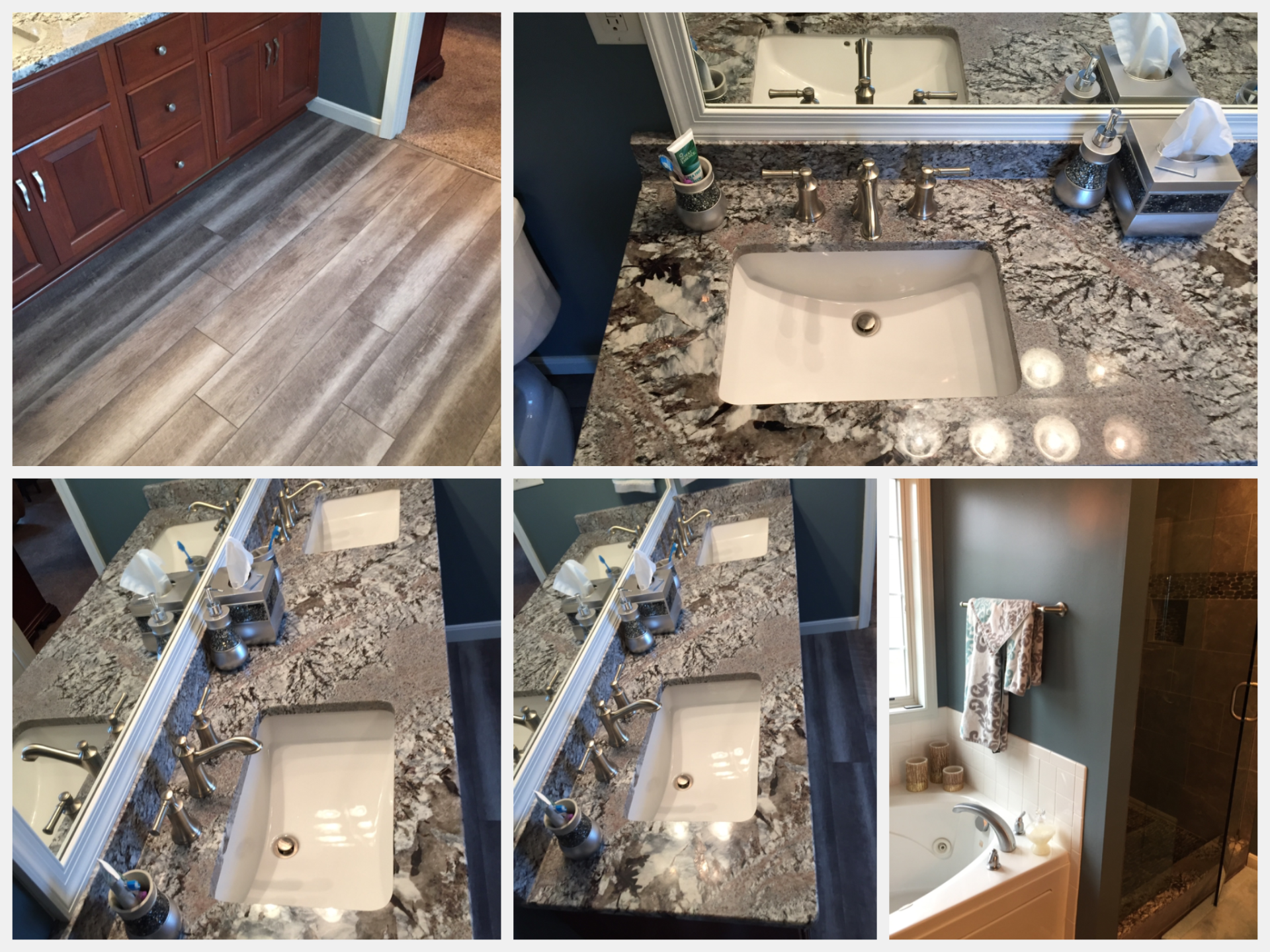 A collage of pictures of a bathroom with a sink and a mirror.