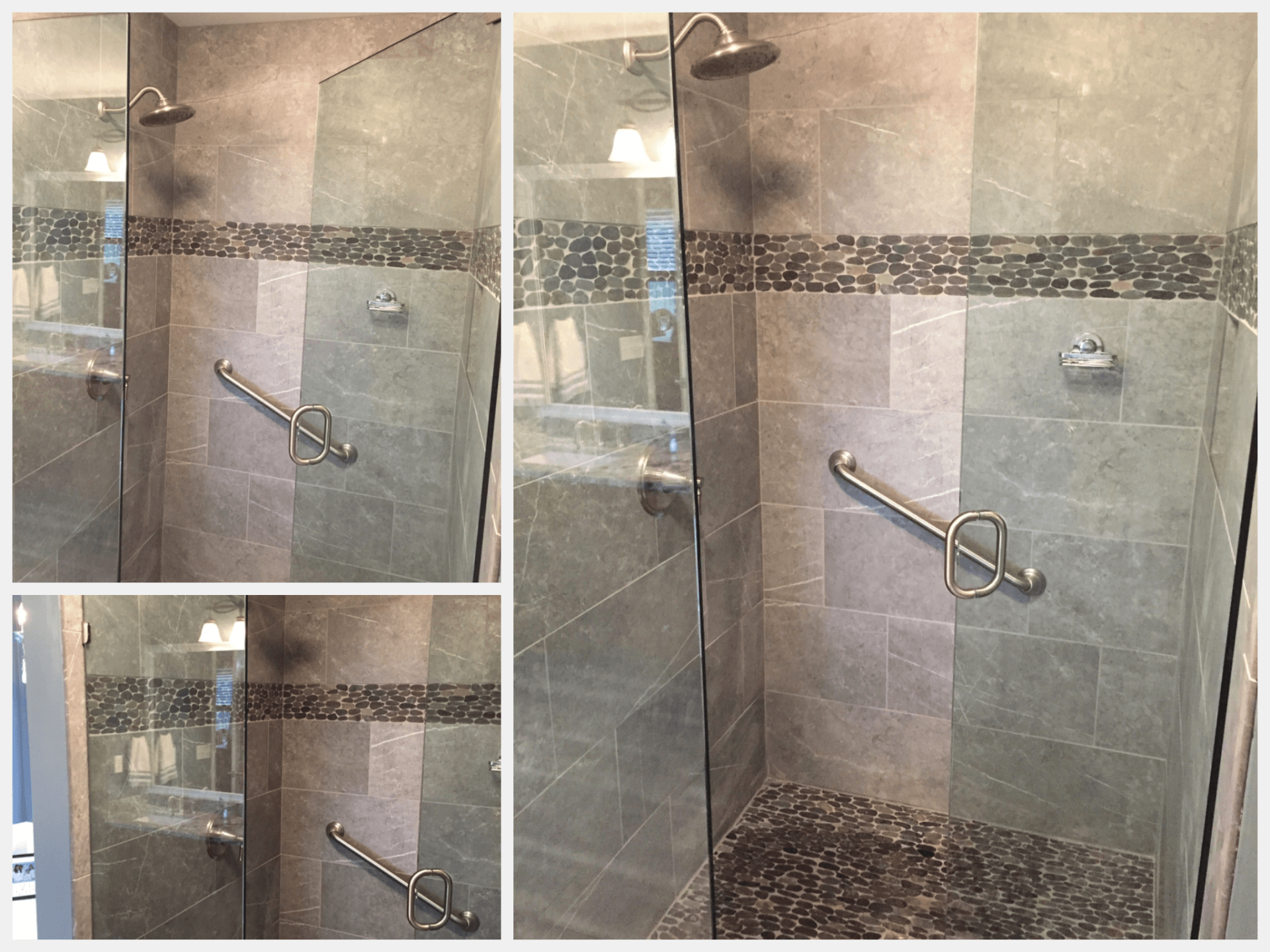 A bathroom with a walk in shower with a glass door