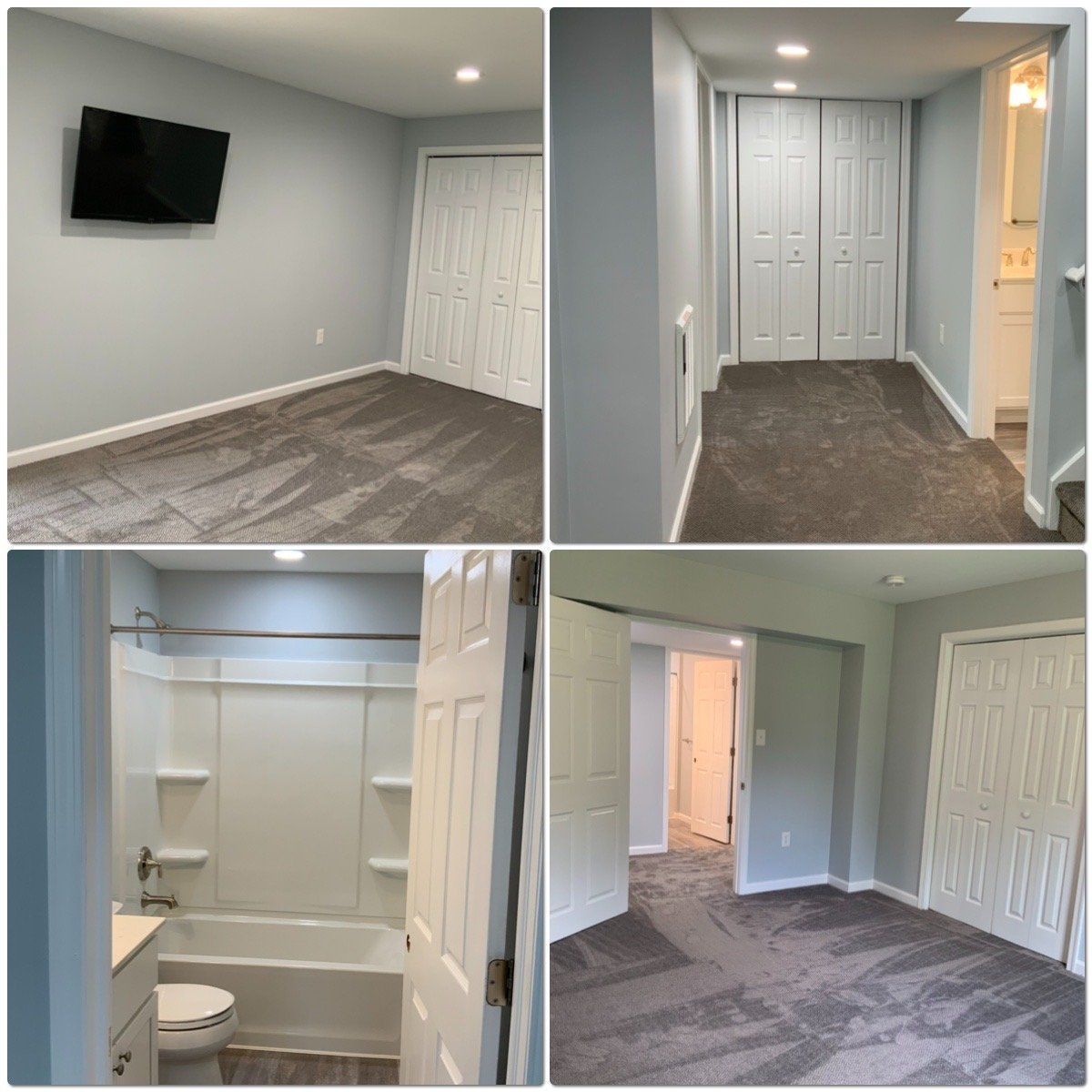 A collage of four pictures of a basement remodel.
