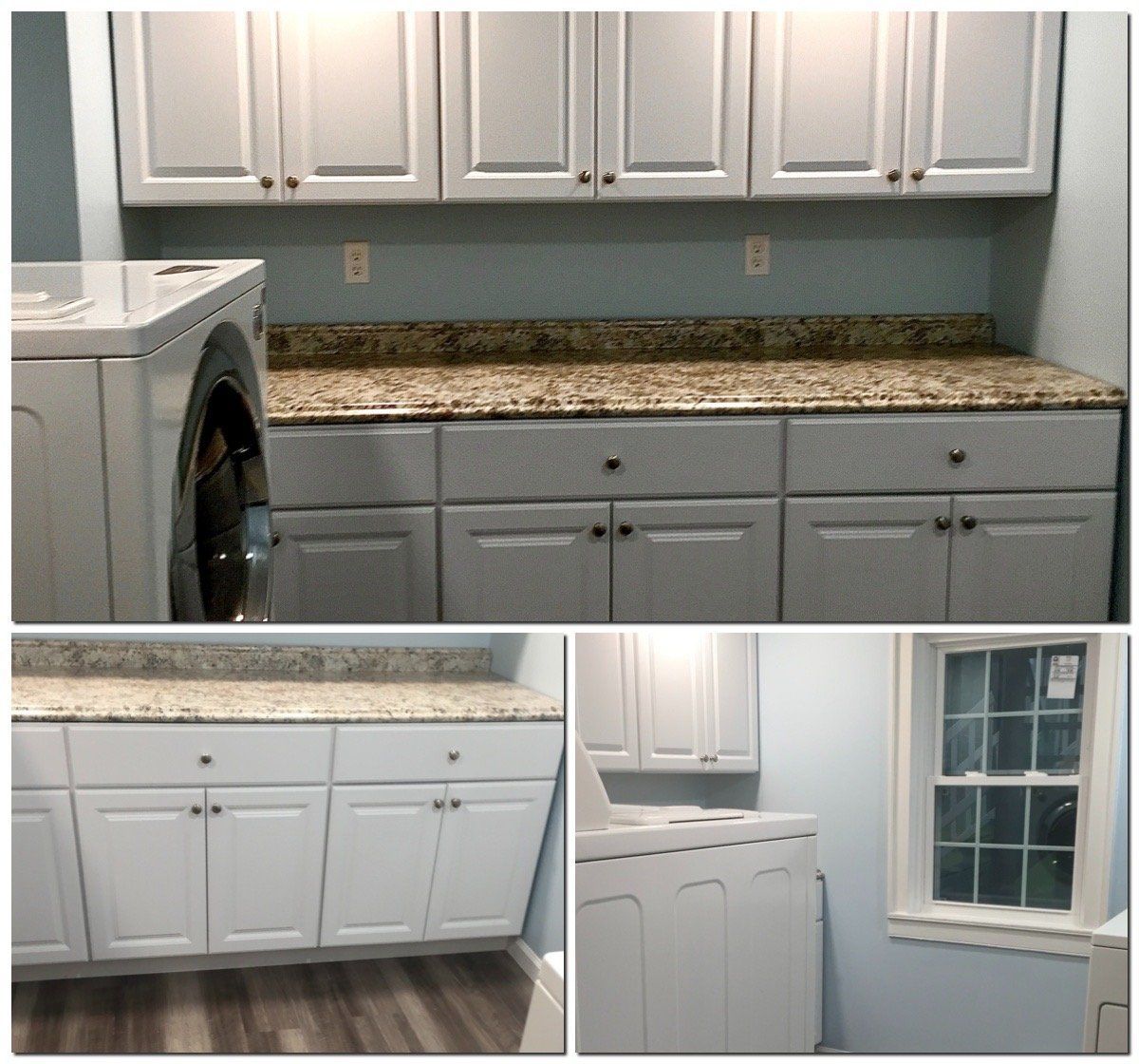 A laundry room with white cabinets and granite counter tops