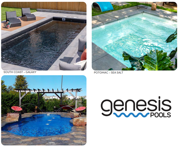 Three pictures of swimming pools with the genesis pools logo in the middle