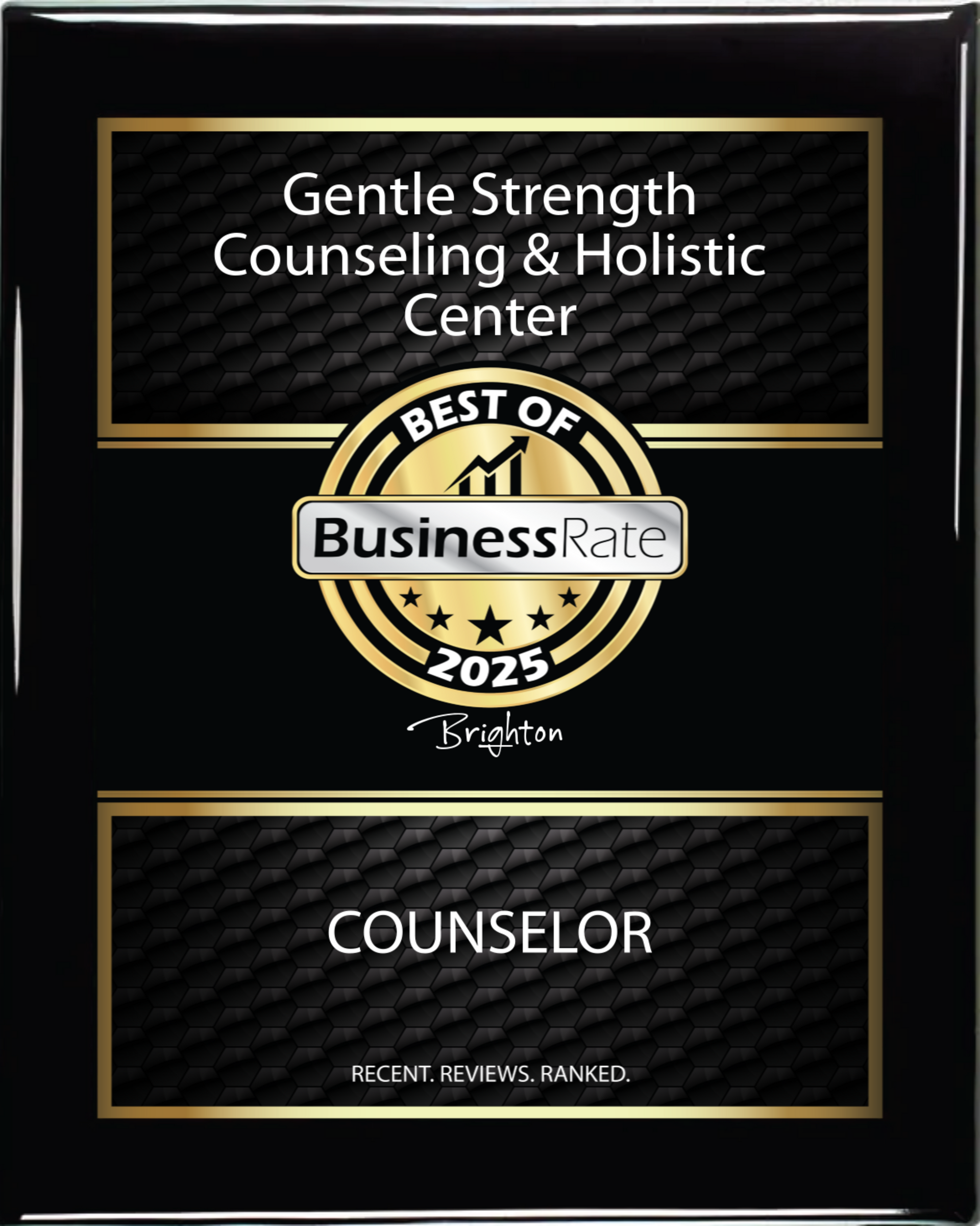 A black and gold award for gentle strength counseling & holistic center