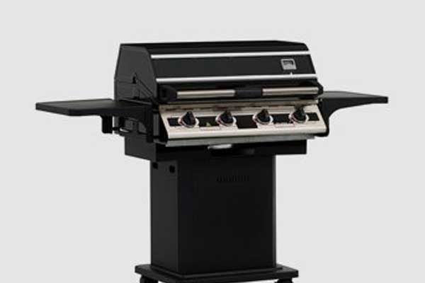 A black grill is sitting on a white surface.