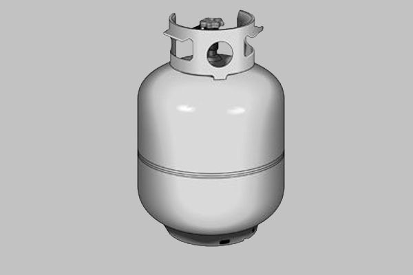 A white gas cylinder is sitting on a gray surface.