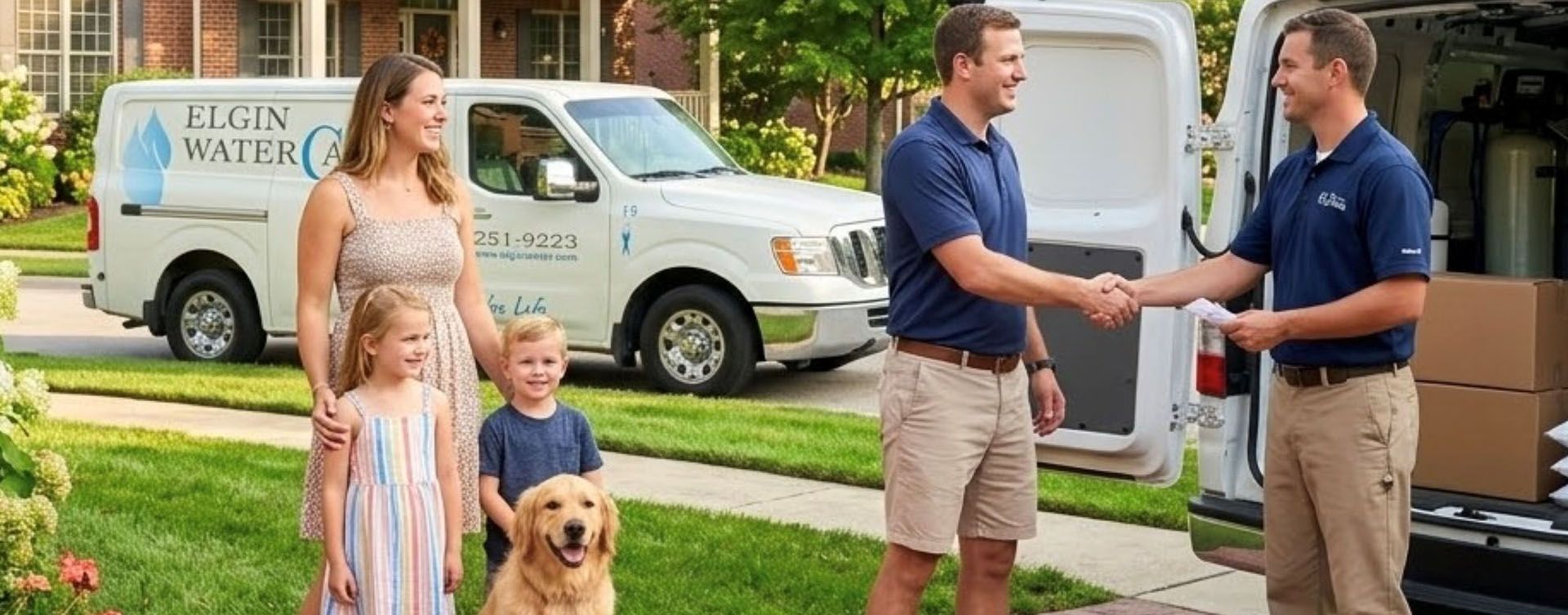 Woman and two children with a dog watching two men shake hands beside a service van