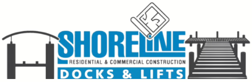 A logo for shoreline docks and lifts residential and commercial construction