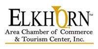 Logo of Elkhorn Area Chamber of Commerce & Tourism Center, Inc., with a golden horn graphic.