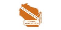Wisconsin Towing Association logo. Orange outline of Wisconsin with diagonal