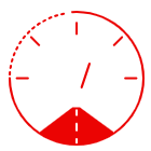 Red clock face with a red filled section at the bottom and a hand pointing between the 1 and 2.