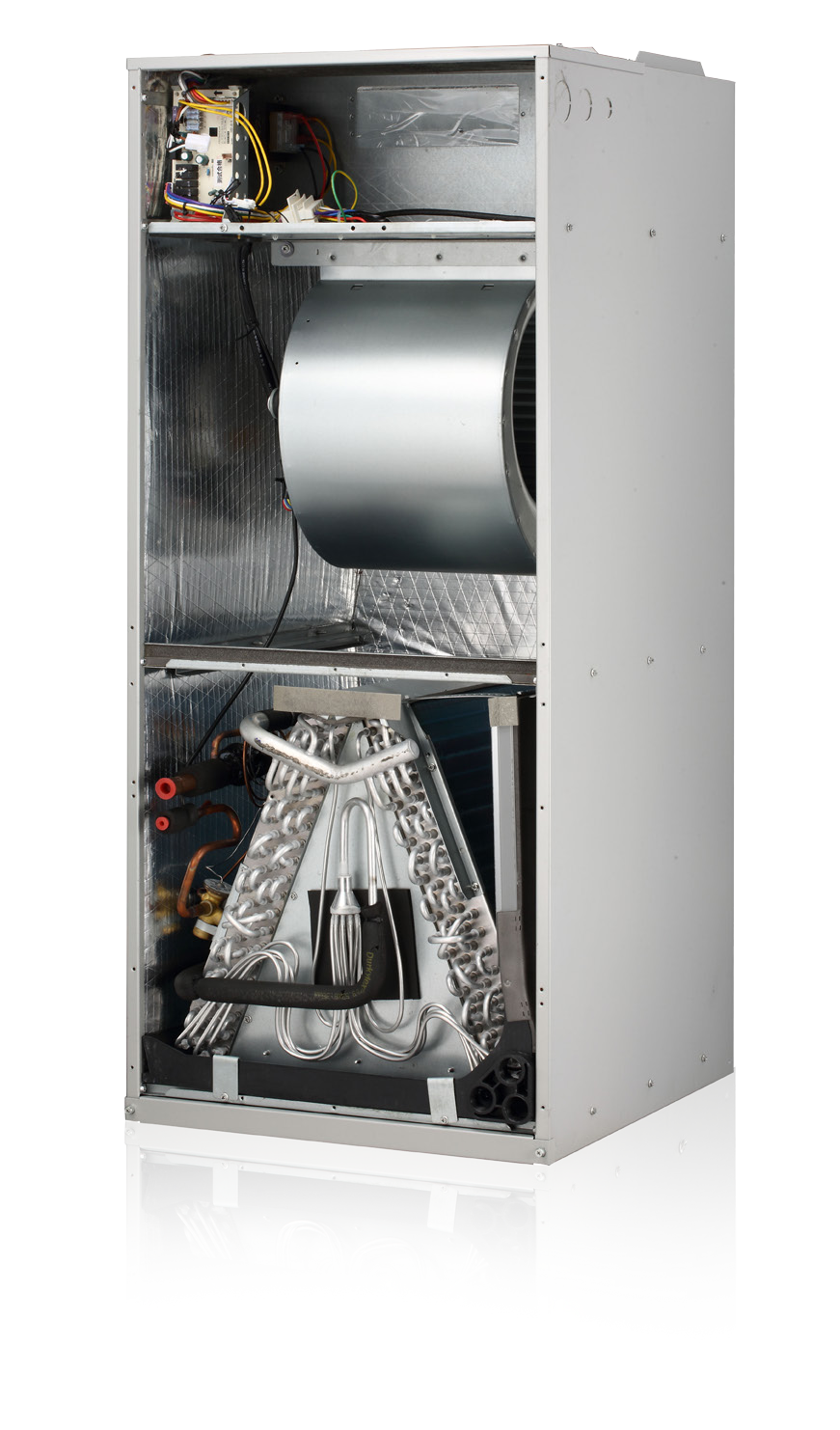 The inside of a refrigerator with the door open on a white background