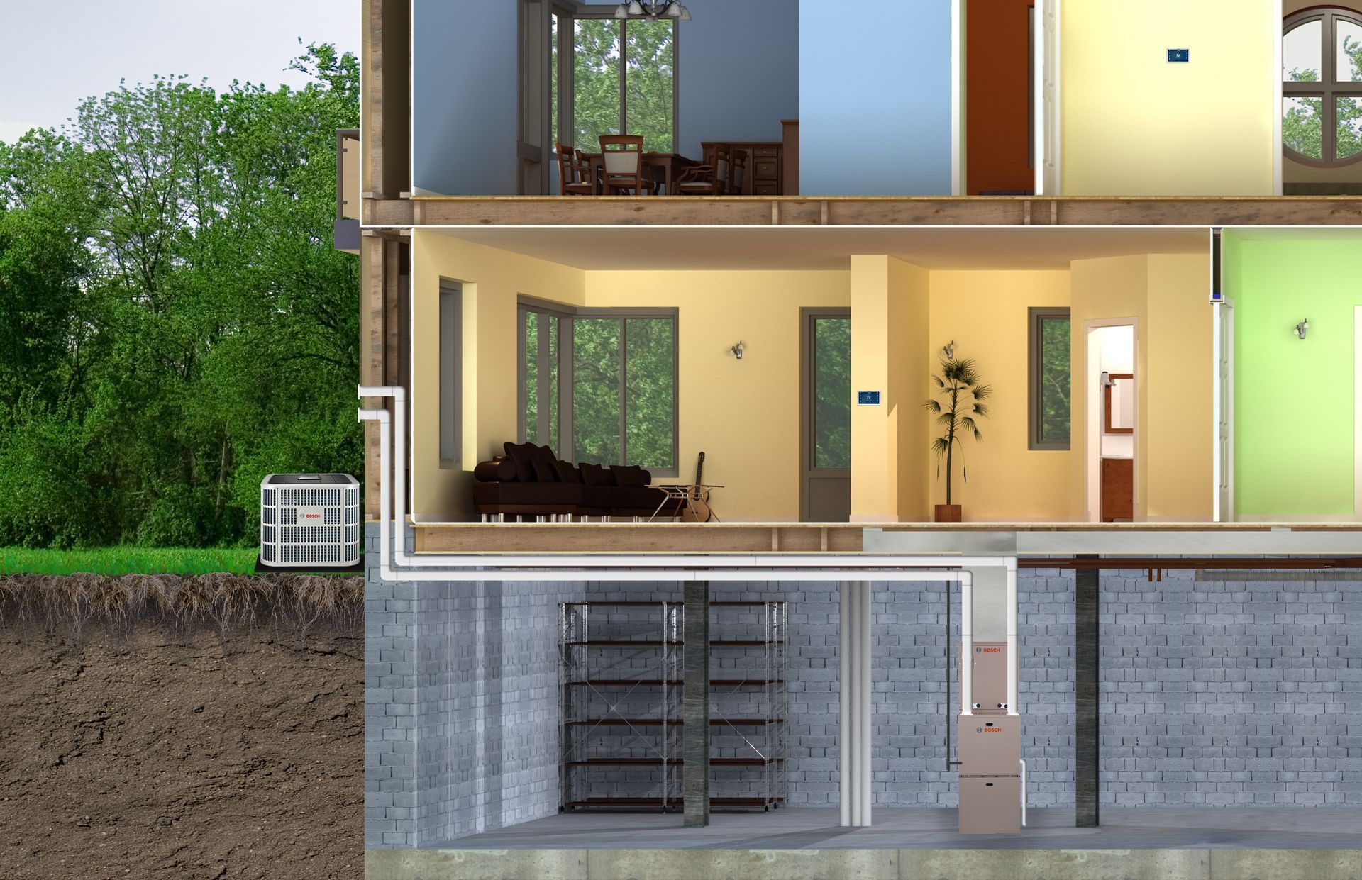 A cross section of a house with a staircase in the basement