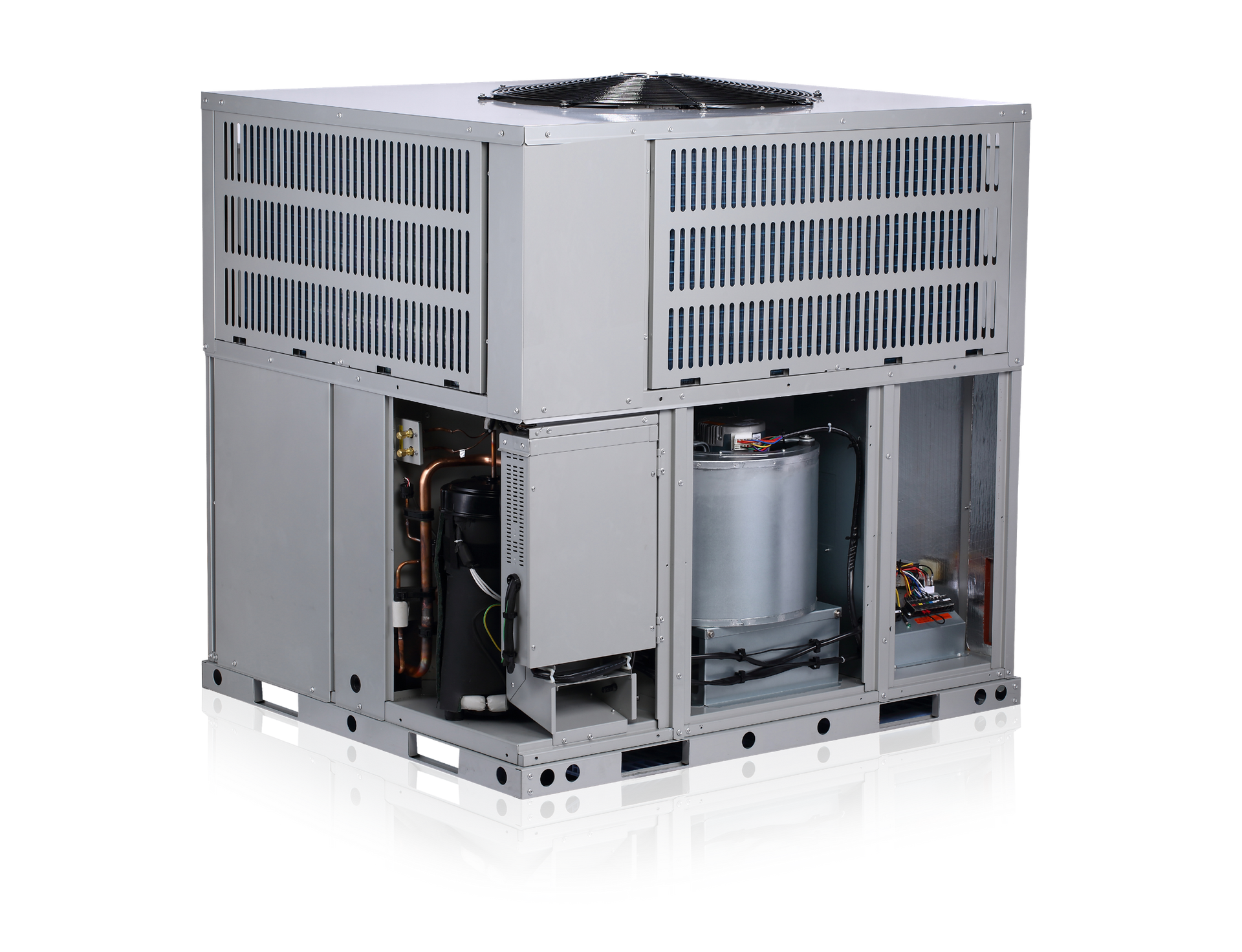 A gray air conditioner is sitting on a white surface