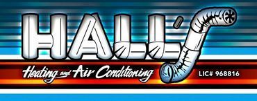A logo for hall heating and air conditioning with a snake on it.