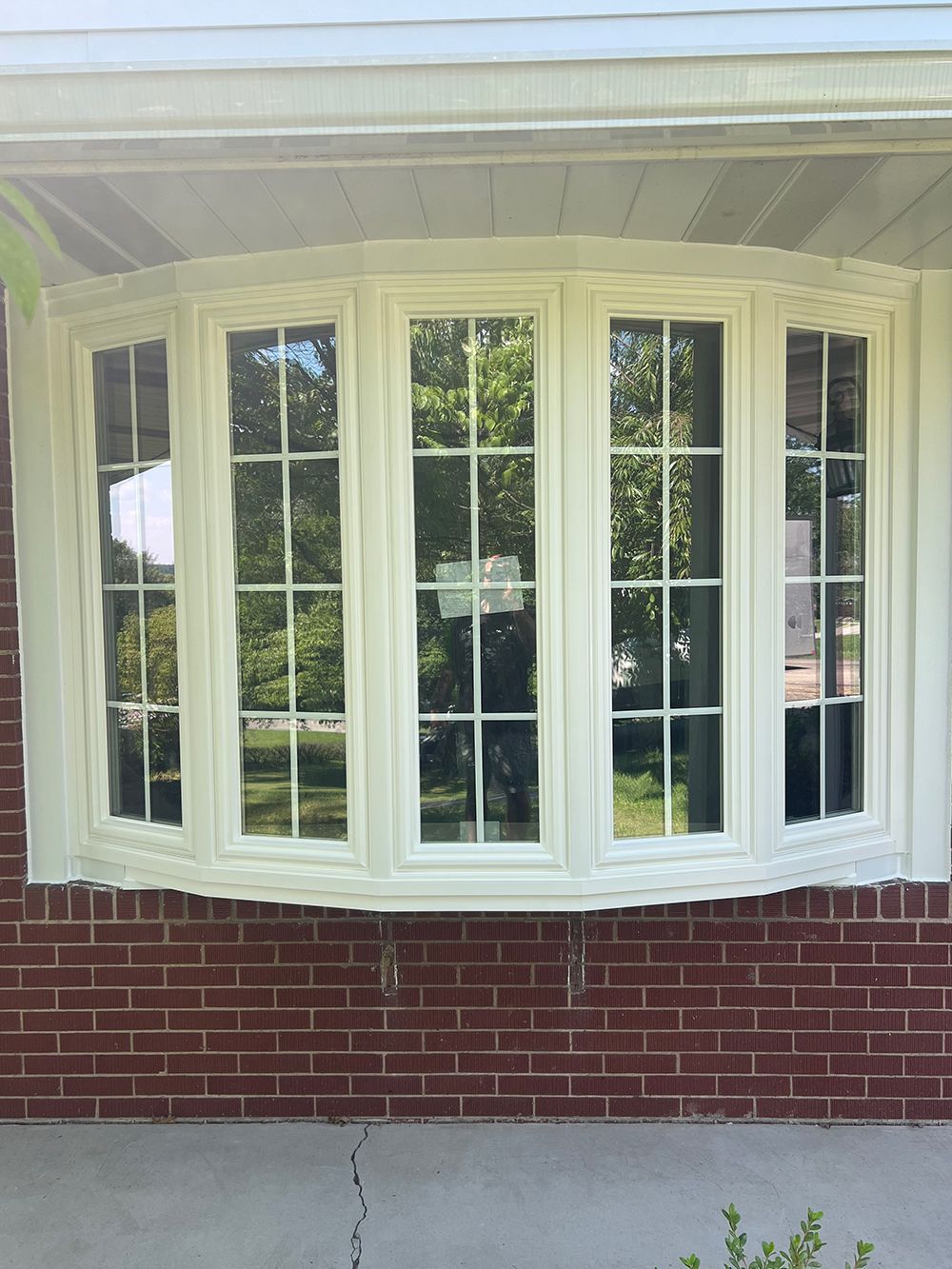 Bay window with white trim, brick exterior. Green trees visible through the glass.