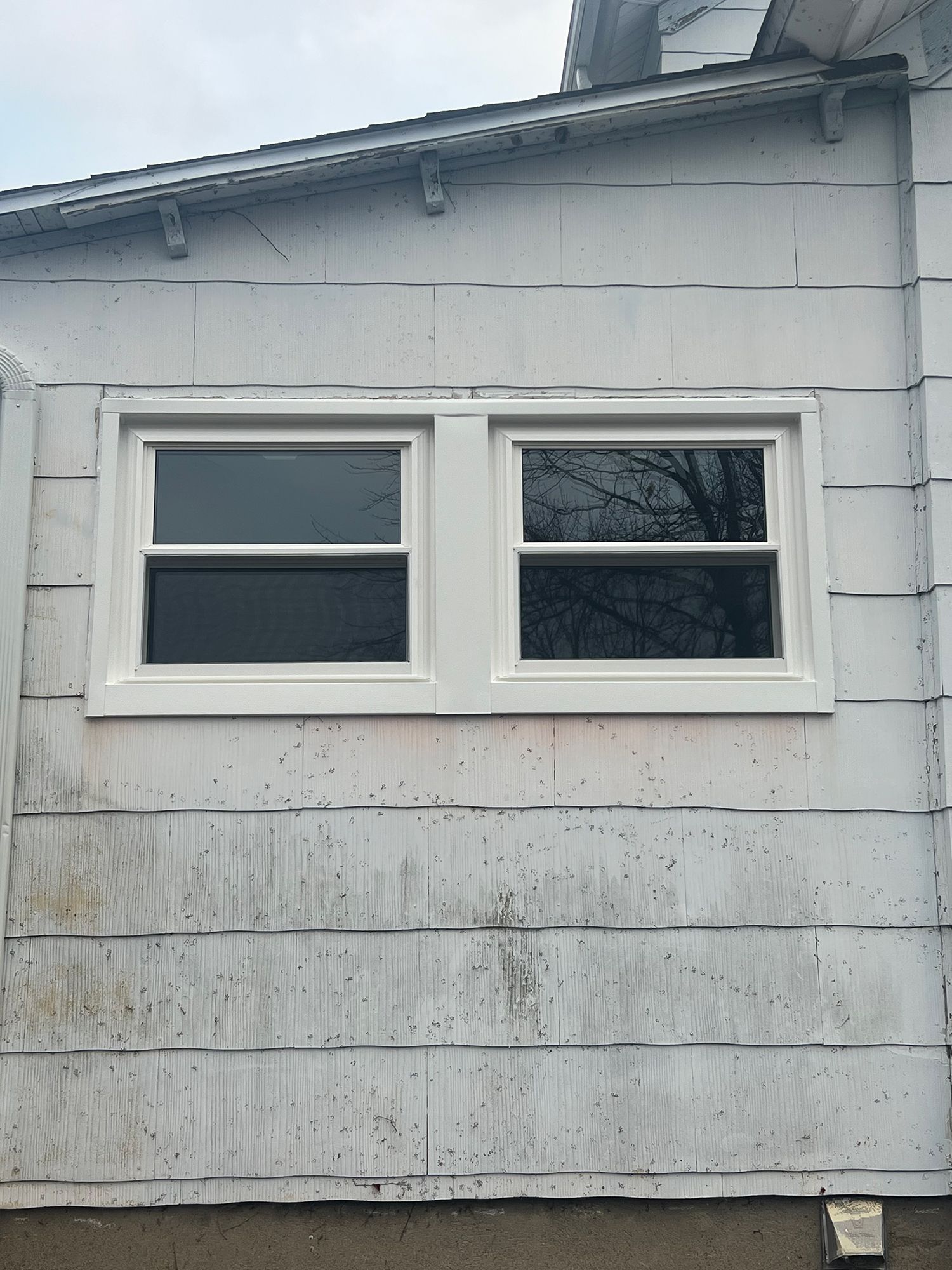Two white windows on a weathered, white siding wall, trees reflected in one pane.