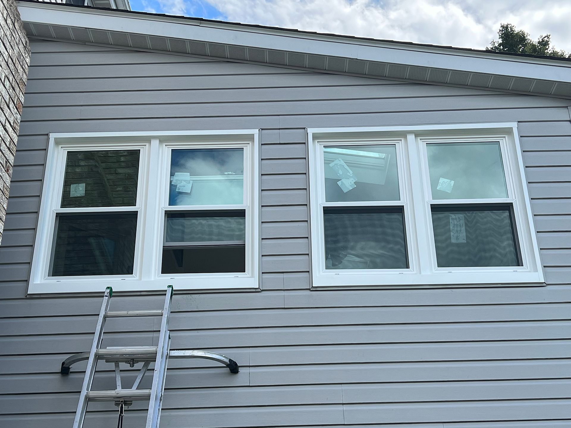 Two white-framed windows on a gray-sided house. A ladder is propped against the wall.