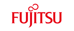 The fujitsu logo is red and white on a white background.