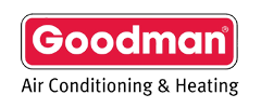 The logo for goodman air conditioning and heating is red and white.