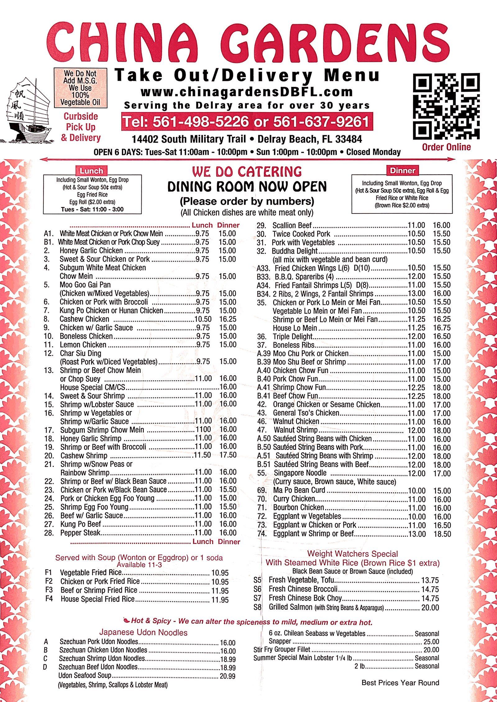 China gardens Take Out/Delivery menu