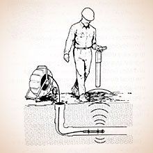 Artwork of man checking pipeline with help of electronic device