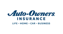 Auto-Owners Insurance logo with blue text, listing insurance types: Life, Home, Car, Business.