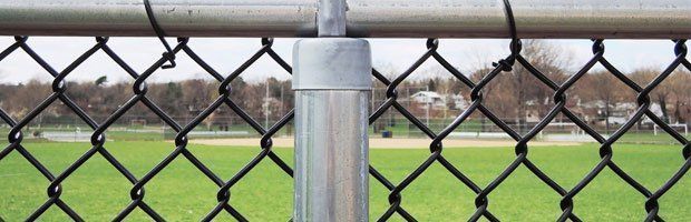 A close-up of a chain link fence with a baseball field in the background.