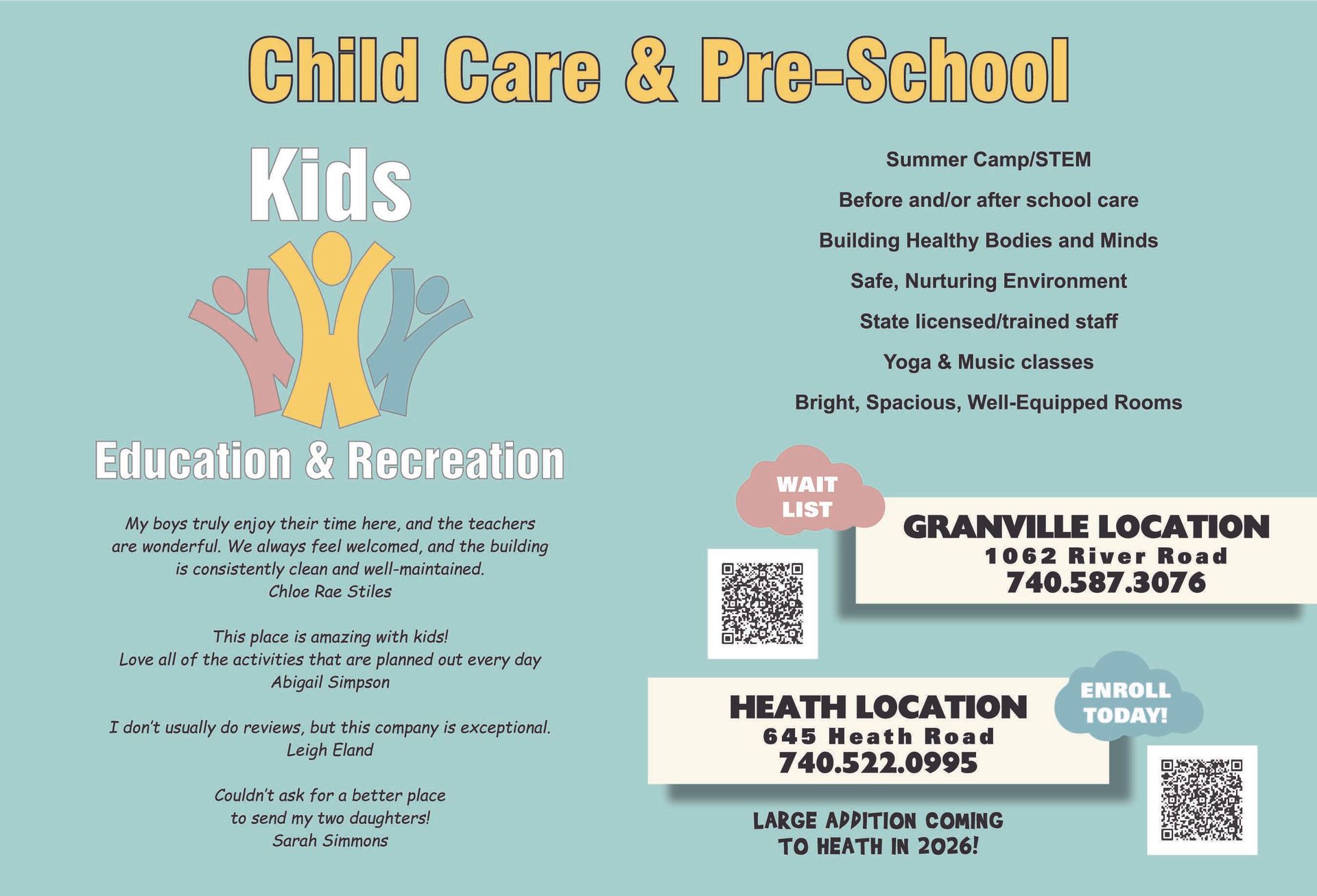 Flyer for Kids Education & Recreation child care featuring program details, two locations in Granville and Heath, and QR codes.