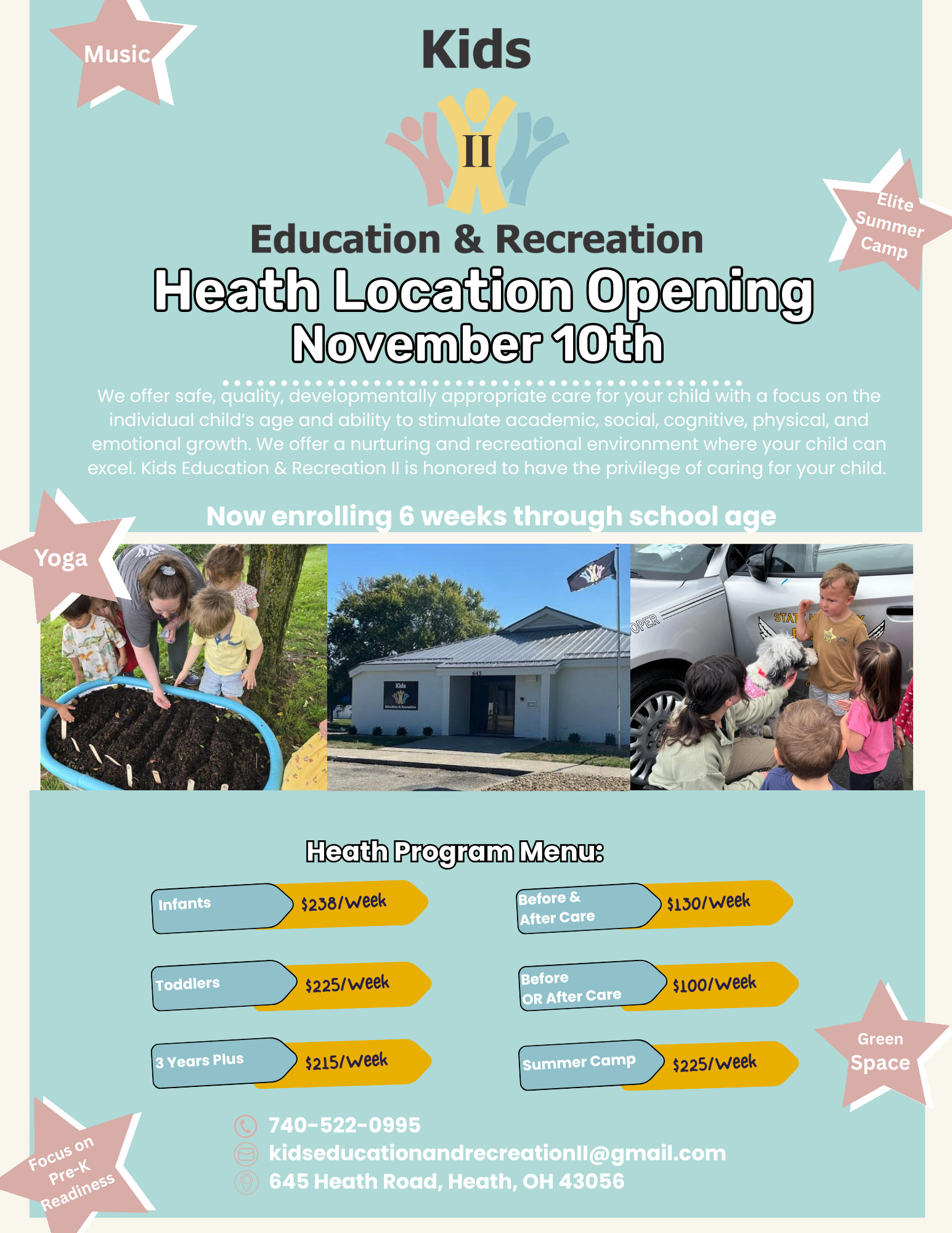 Flyer for a kids' education and recreation center's opening on November 10th, featuring photos and program details.