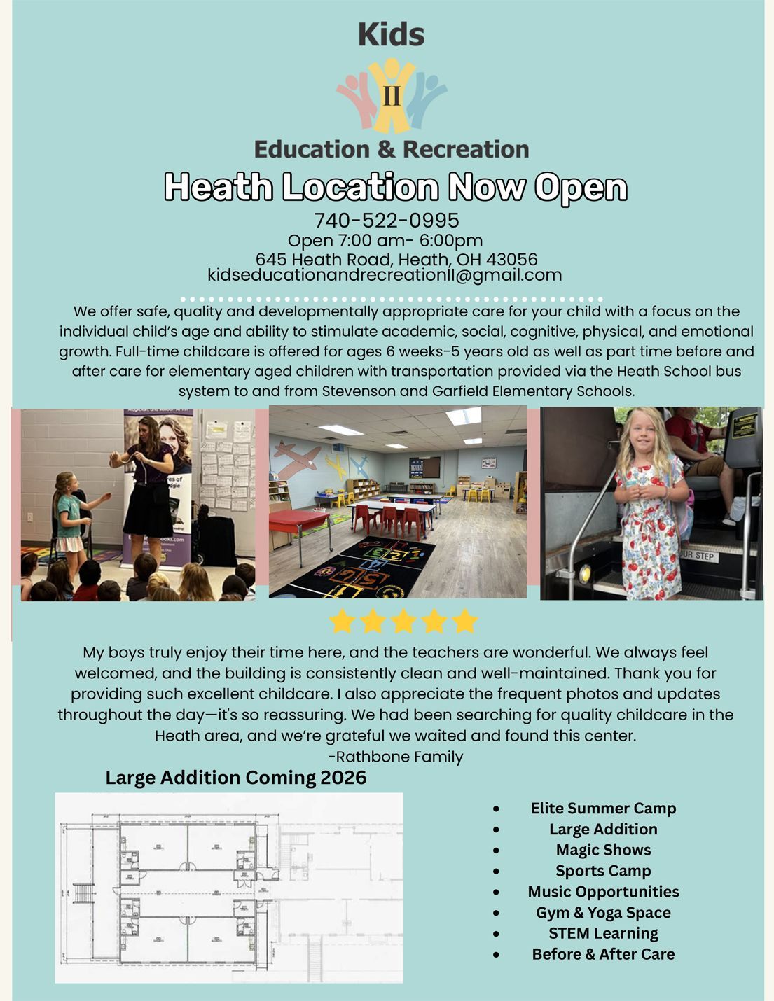Advertisement for Kids Education & Recreation at Heath location, showing interior photos, summer camp and class offerings, and upcoming building expansion.