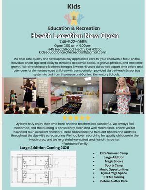 Advertisement for Kids Education & Recreation at Heath location, showing interior photos, summer camp and class offerings, and upcoming building expansion.