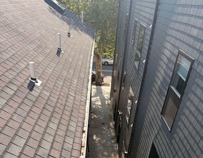 Narrow alley between two buildings, with rooftops on the left and a windowed wall on the right