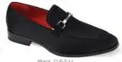 Black men's loafer with silver buckle and red interior.