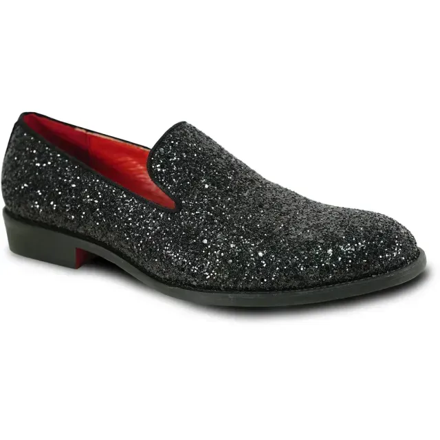 Black glitter loafer with a red sole.