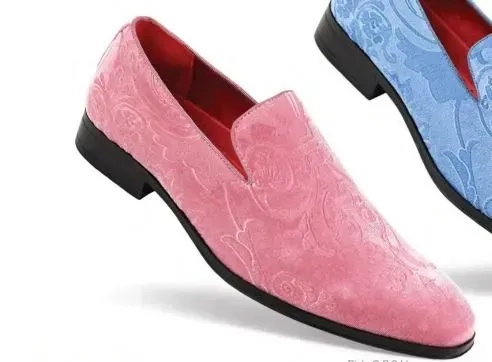 Pink paisley slip-on shoe with a black sole.